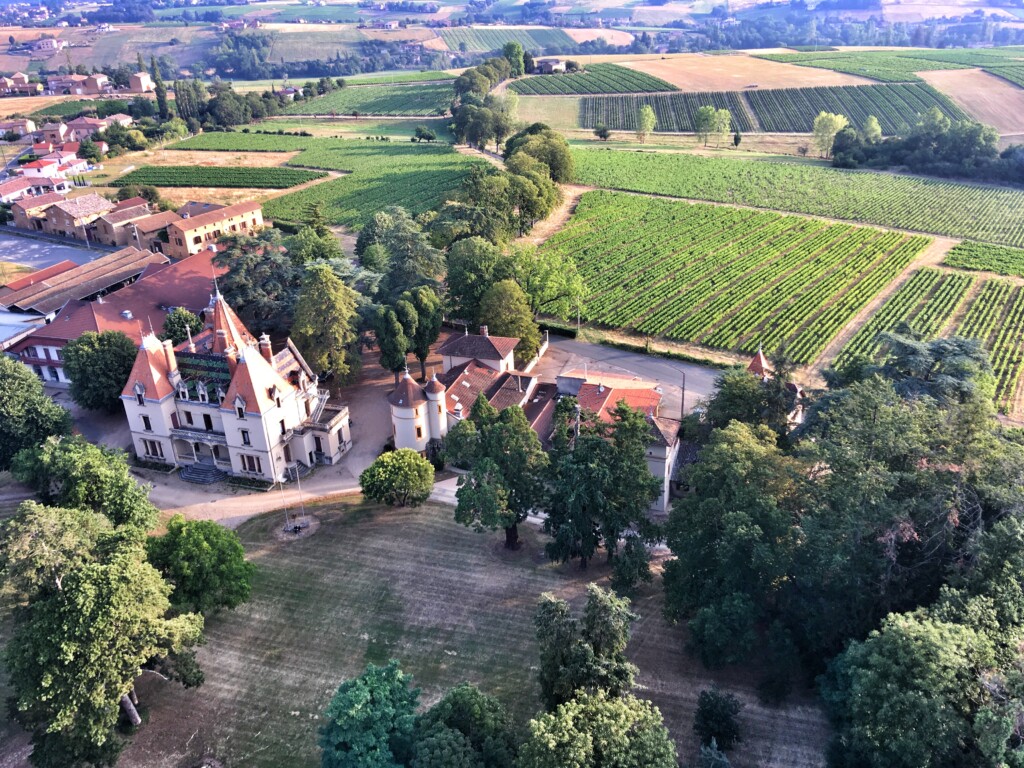 Survol en montgolfière au dessus des vignobles du Beaujolais.