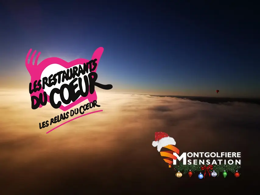 Ciel d'hiver vu depuis la nacelle et logo restos du coeur.