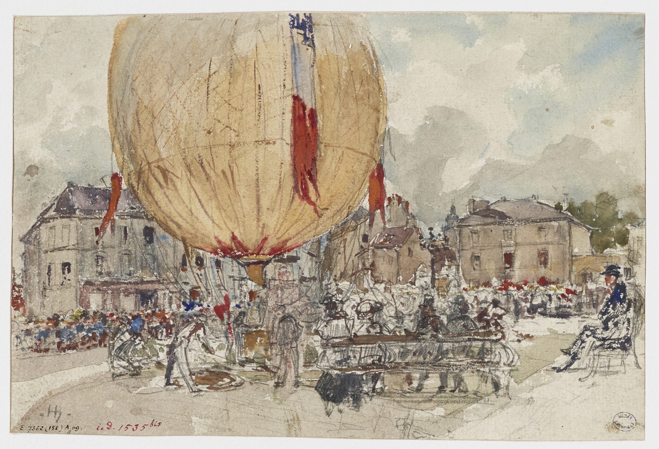Dessin d'époque du lancement d'une montgolfière